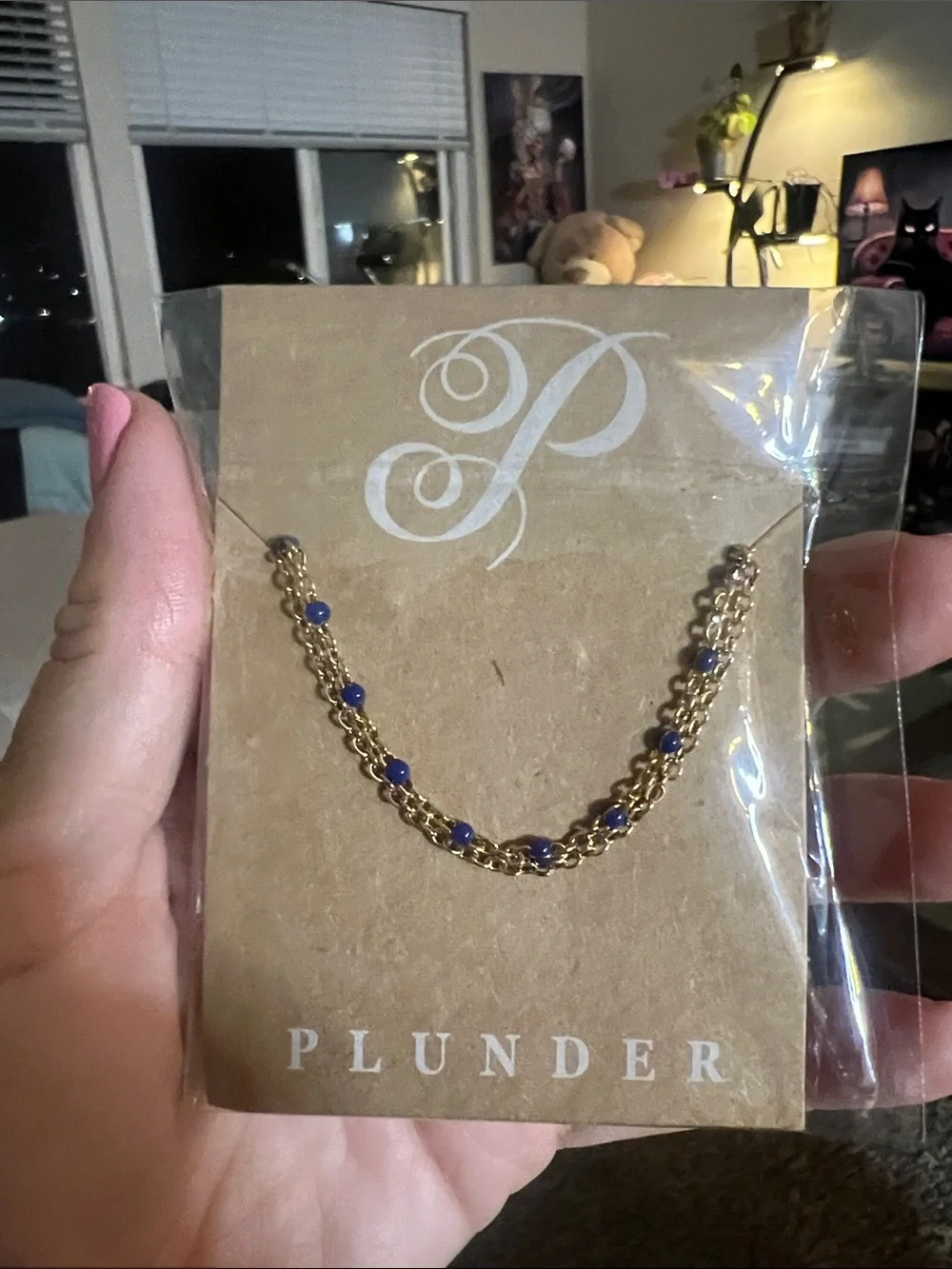 Plunder Blue Beaded Double Chain Necklace Gold NWT